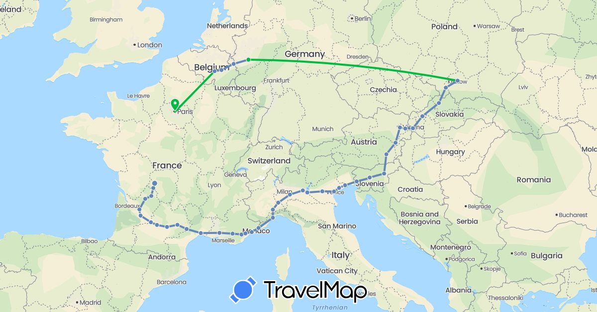 TravelMap itinerary: driving, bus, cycling in Austria, Belgium, Germany, France, Italy, Poland, Slovenia, Slovakia (Europe)