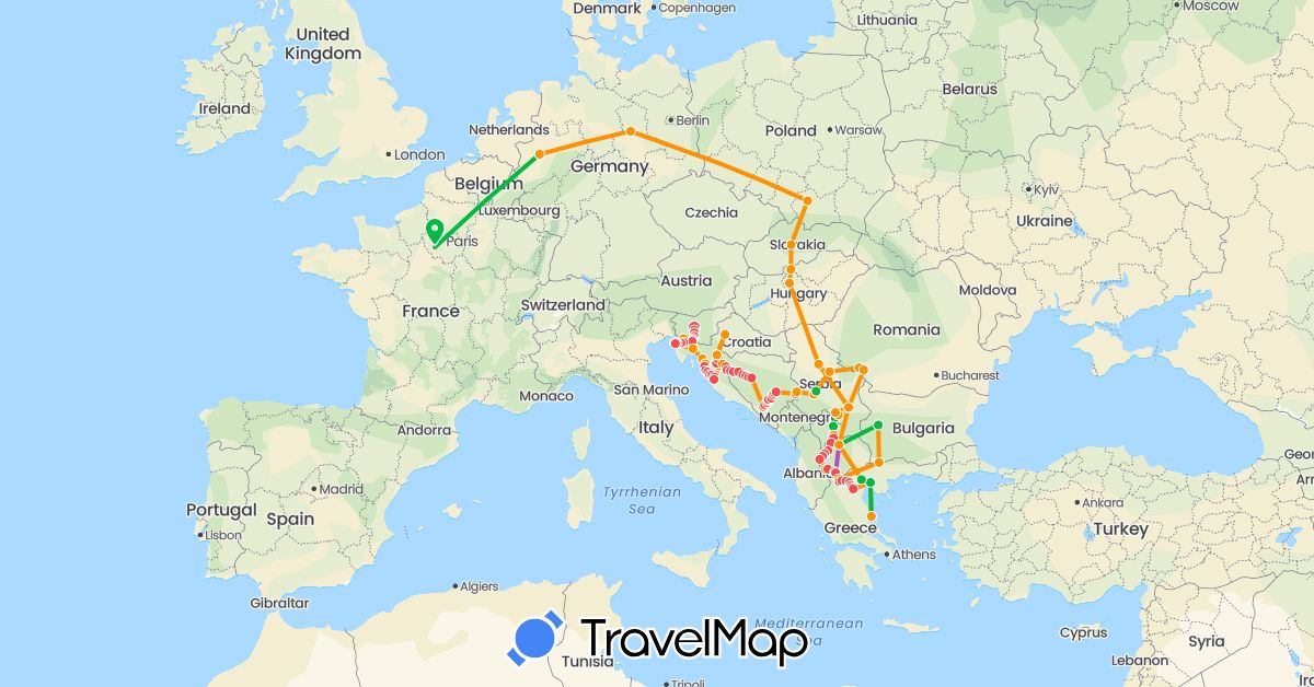 TravelMap itinerary: driving, bus, train, hiking, hitchhiking in Bosnia and Herzegovina, Bulgaria, Germany, France, Greece, Croatia, Hungary, Macedonia, Poland, Serbia, Slovenia, Slovakia, Kosovo (Europe)