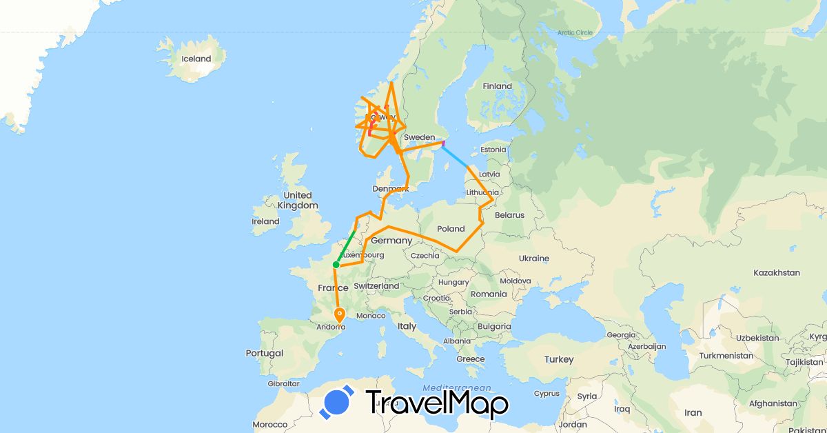 TravelMap itinerary: driving, bus, train, hiking, boat, hitchhiking in Germany, Denmark, France, Lithuania, Luxembourg, Latvia, Netherlands, Norway, Poland, Sweden (Europe)