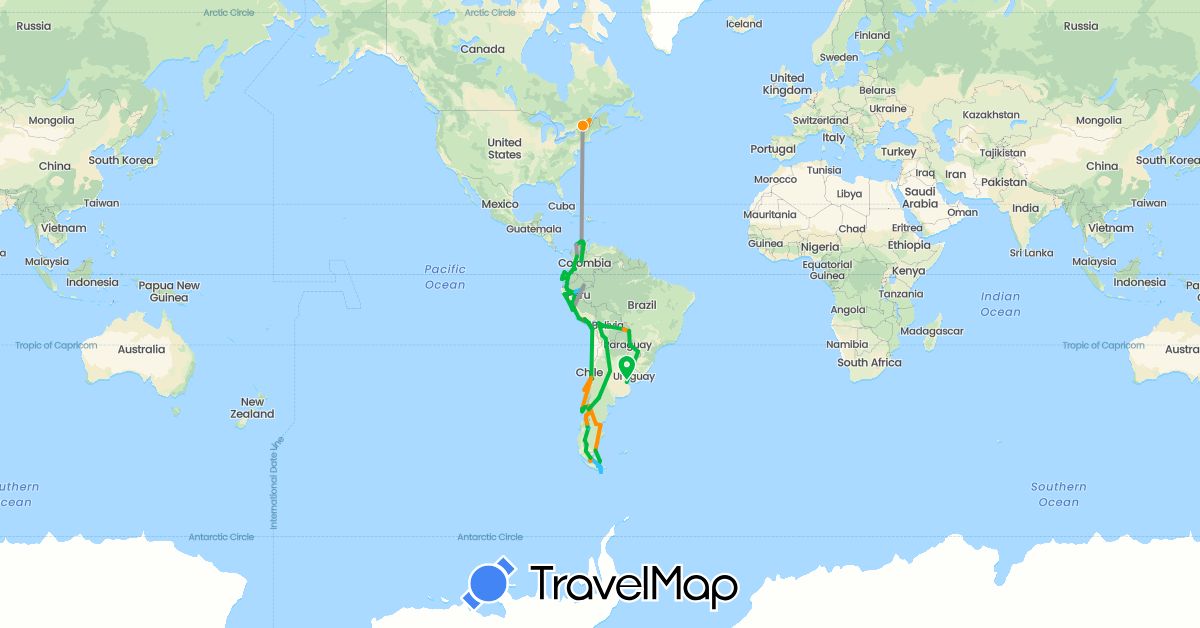 TravelMap itinerary: bus, plane, hiking, boat, hitchhiking in Argentina, Bolivia, Brazil, Canada, Chile, Colombia, Ecuador, Peru, Paraguay (North America, South America)