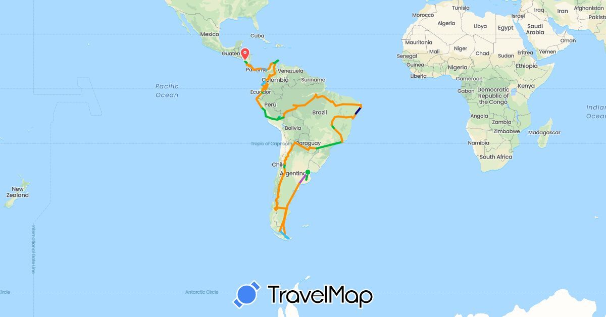 TravelMap itinerary: driving, bus, plane, train, hiking, boat, hitchhiking in Argentina, Brazil, Chile, Colombia, Costa Rica, Ecuador, Nicaragua, Panama, Peru, Paraguay (North America, South America)